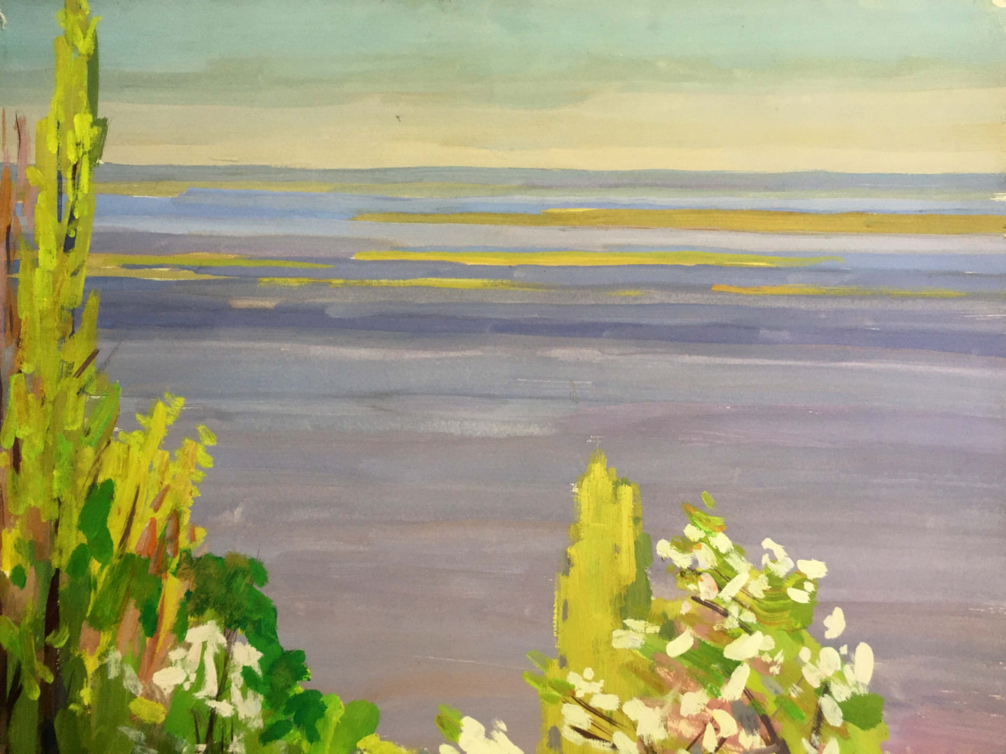 Gouache painting Quiet atmosphere by the river Vladimir Chernikov