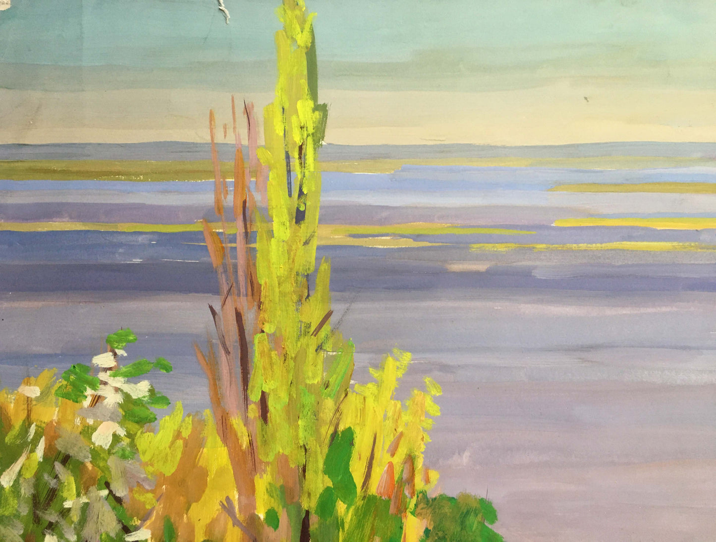 Gouache painting Quiet atmosphere by the river Vladimir Chernikov