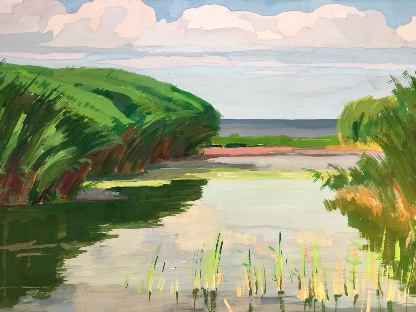 Gouache painting Gentle river glide Vladimir Chernikov