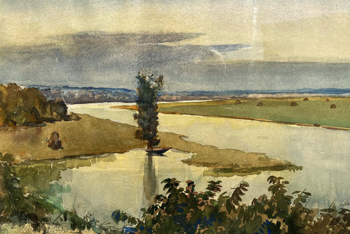 Watercolor painting River landscape Unknown artist