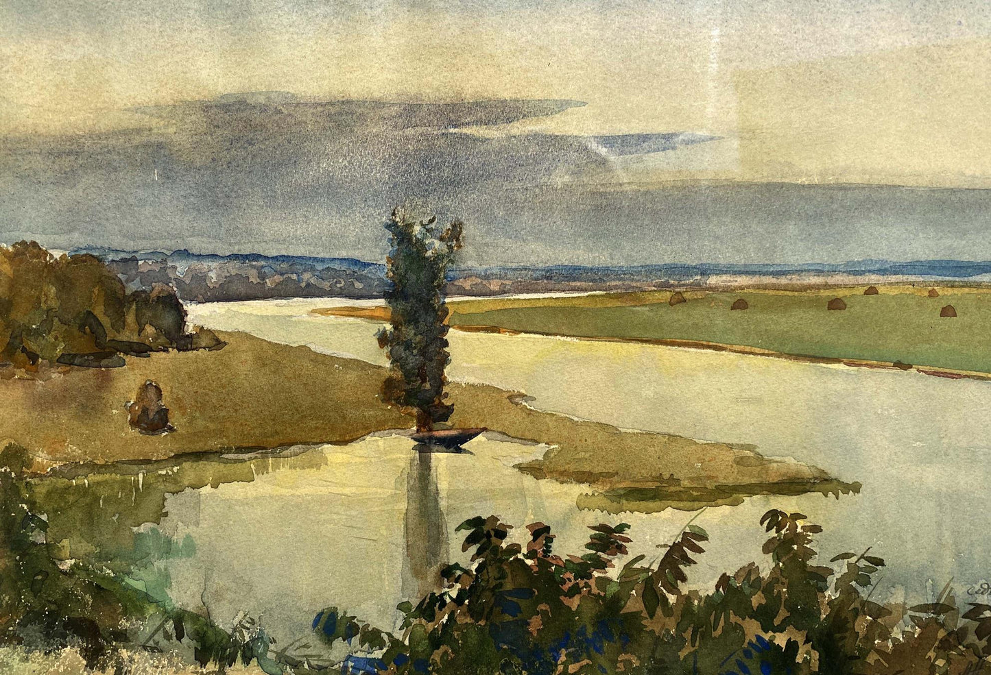 Watercolor painting River landscape Unknown artist
