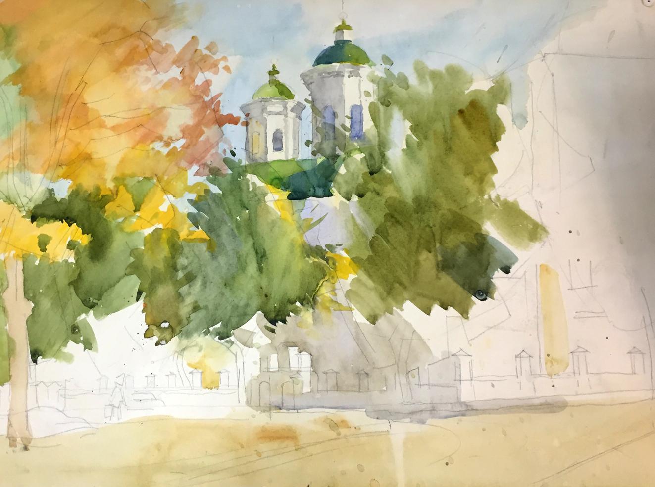 Watercolor painting Summer church bell Viktor Kryzhanivskyi