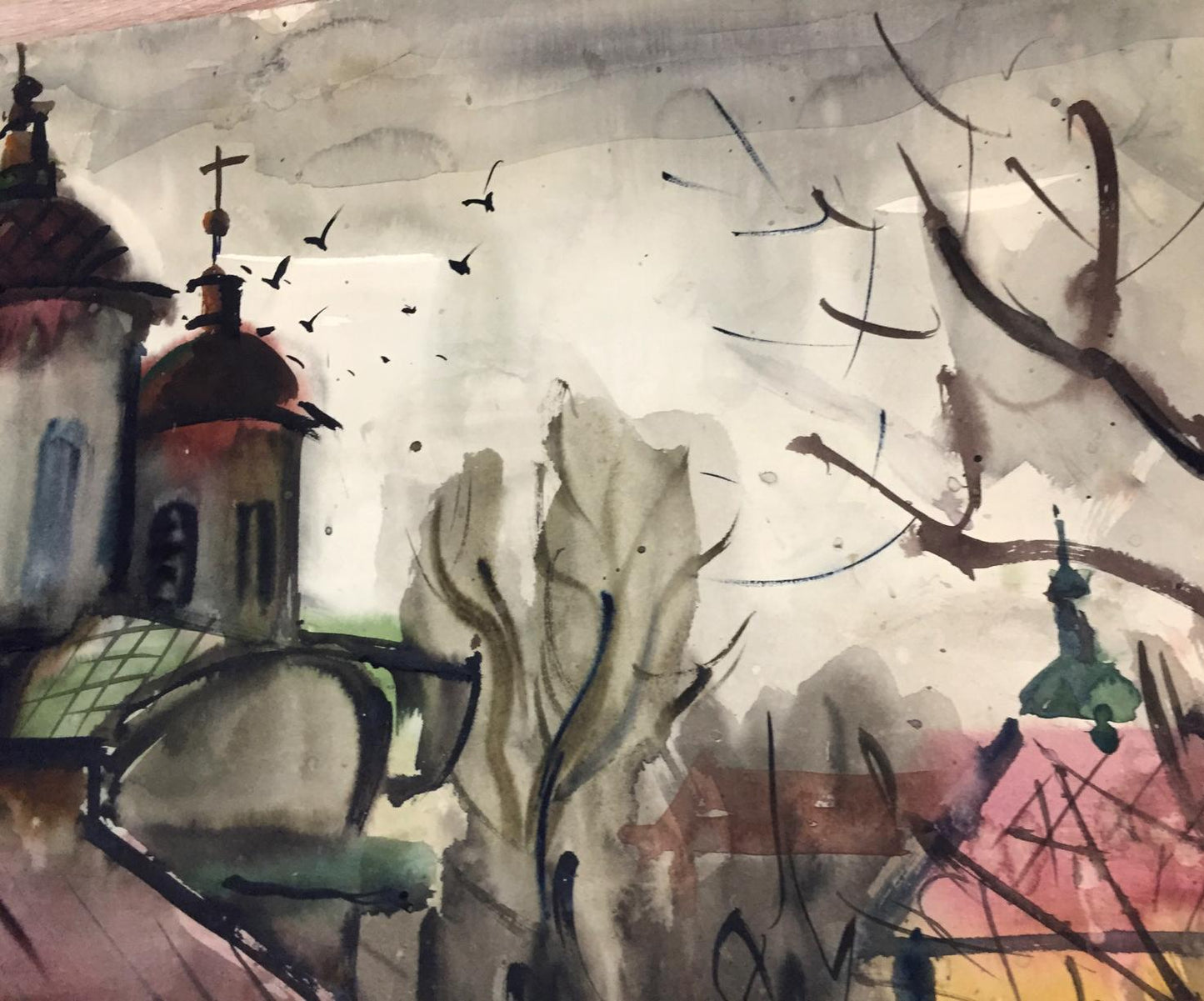 Watercolor church artwork by Viktor Vladimirovich Kryzhanivskyi.