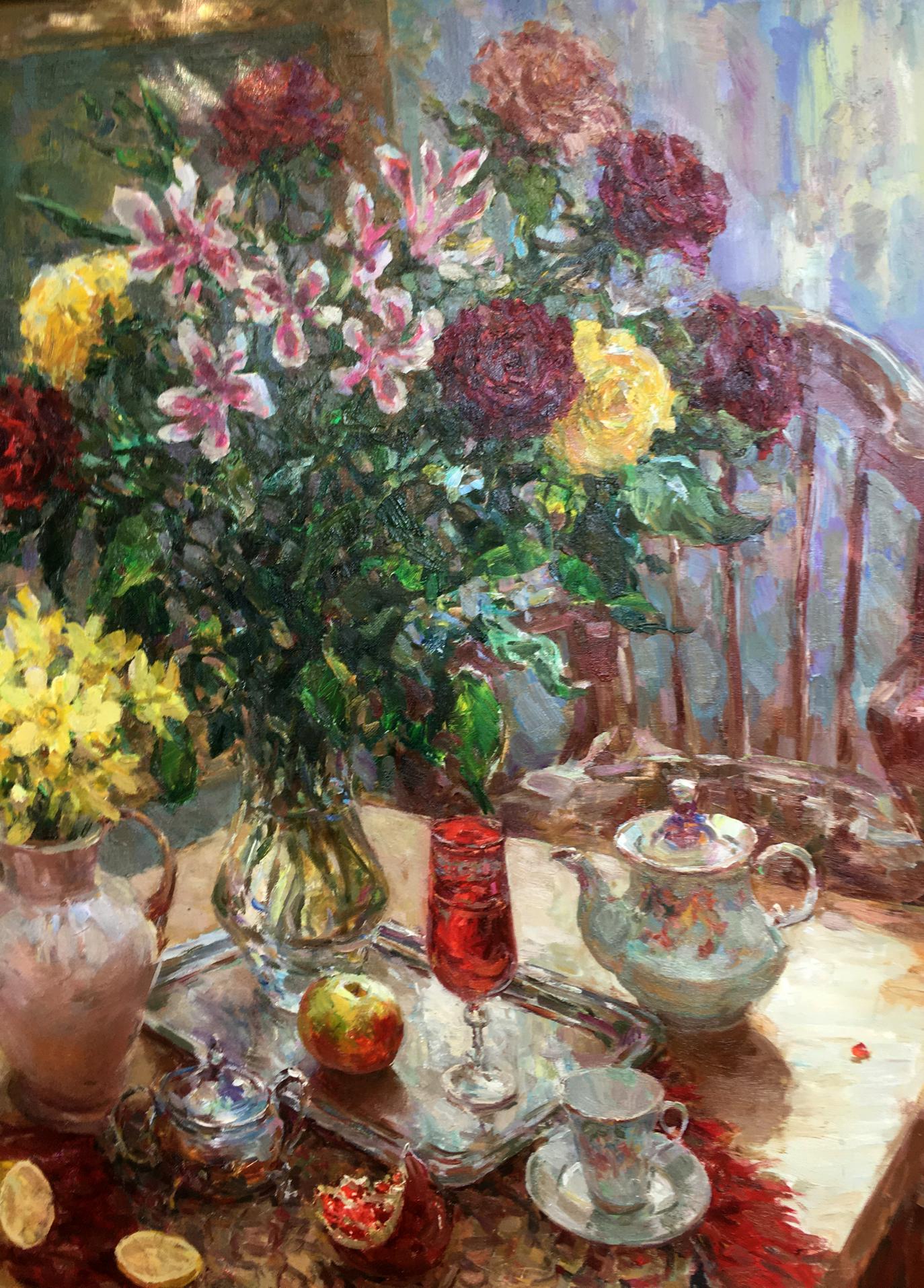Oil painting Still life of red and yellow roses Sergey Mikhailichenko