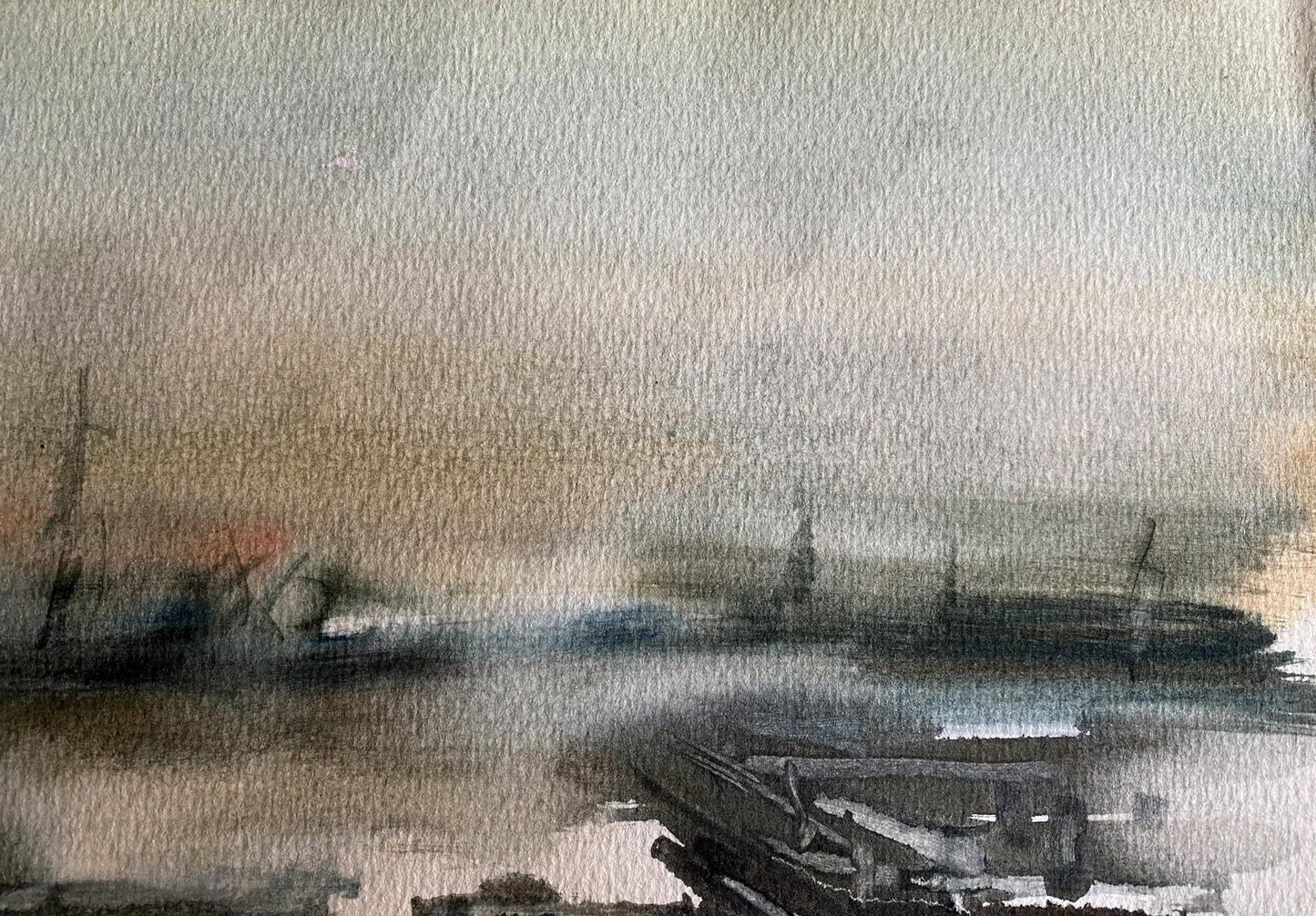 Watercolor painting Boat dock Benfialov