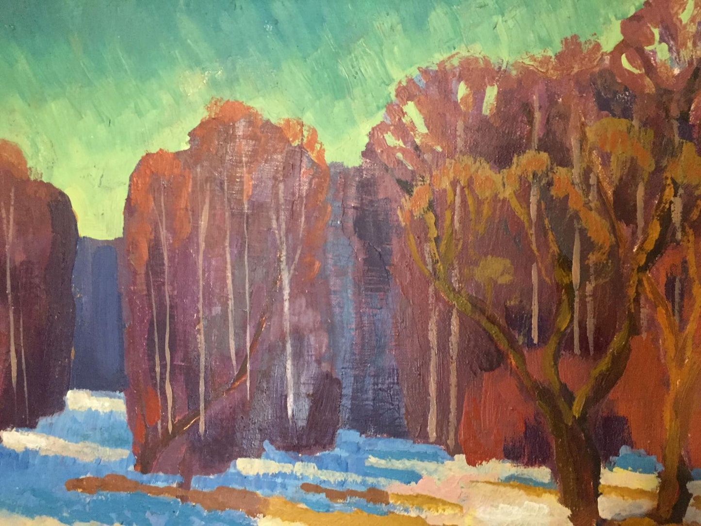 The tumultuous descent of snow is portrayed in Kudrin's oil painting