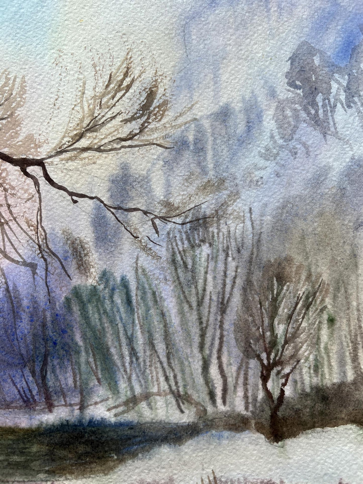 Watercolor painting Winter Forest landscape