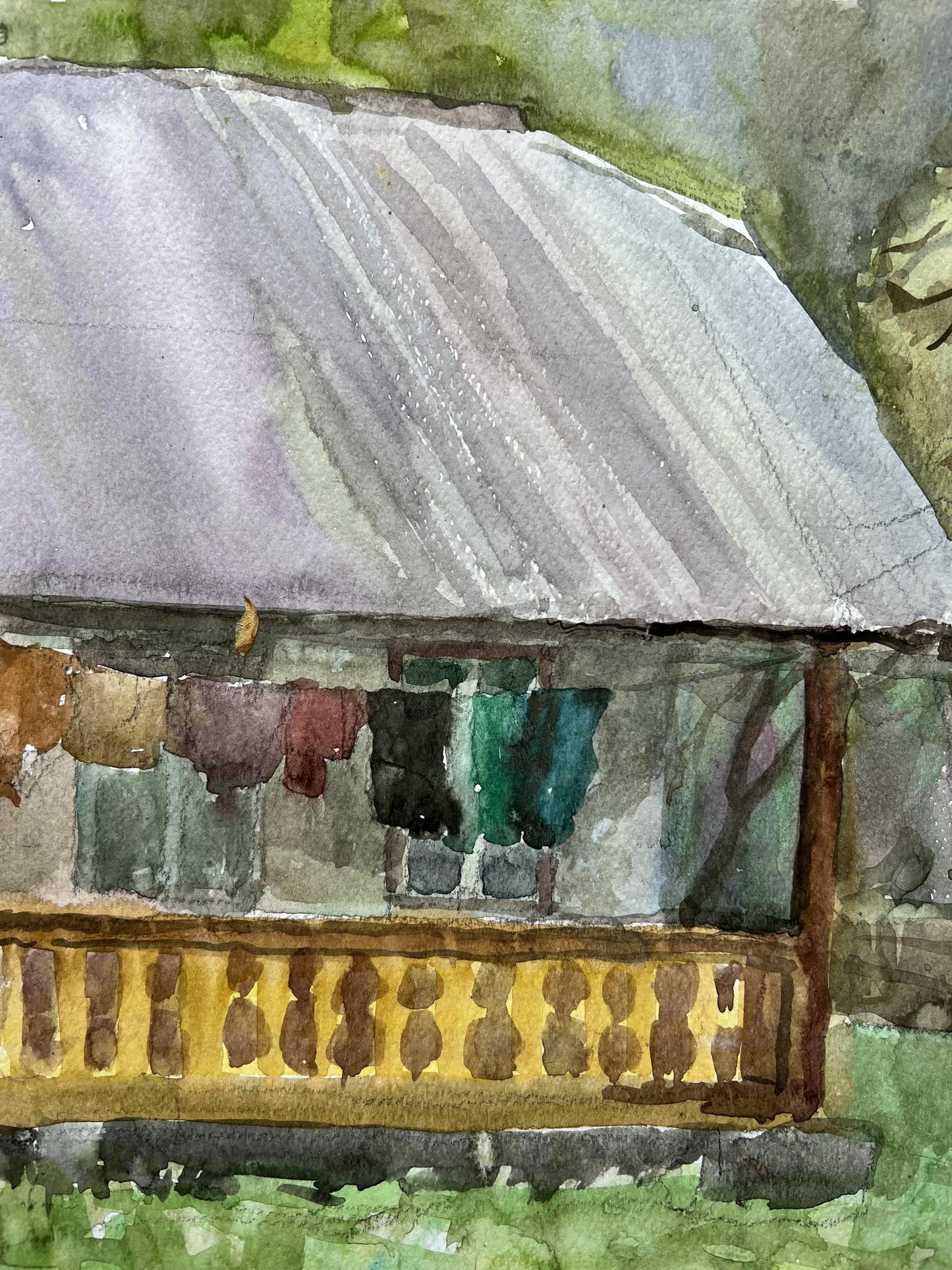 Watercolor painting Village landscape
