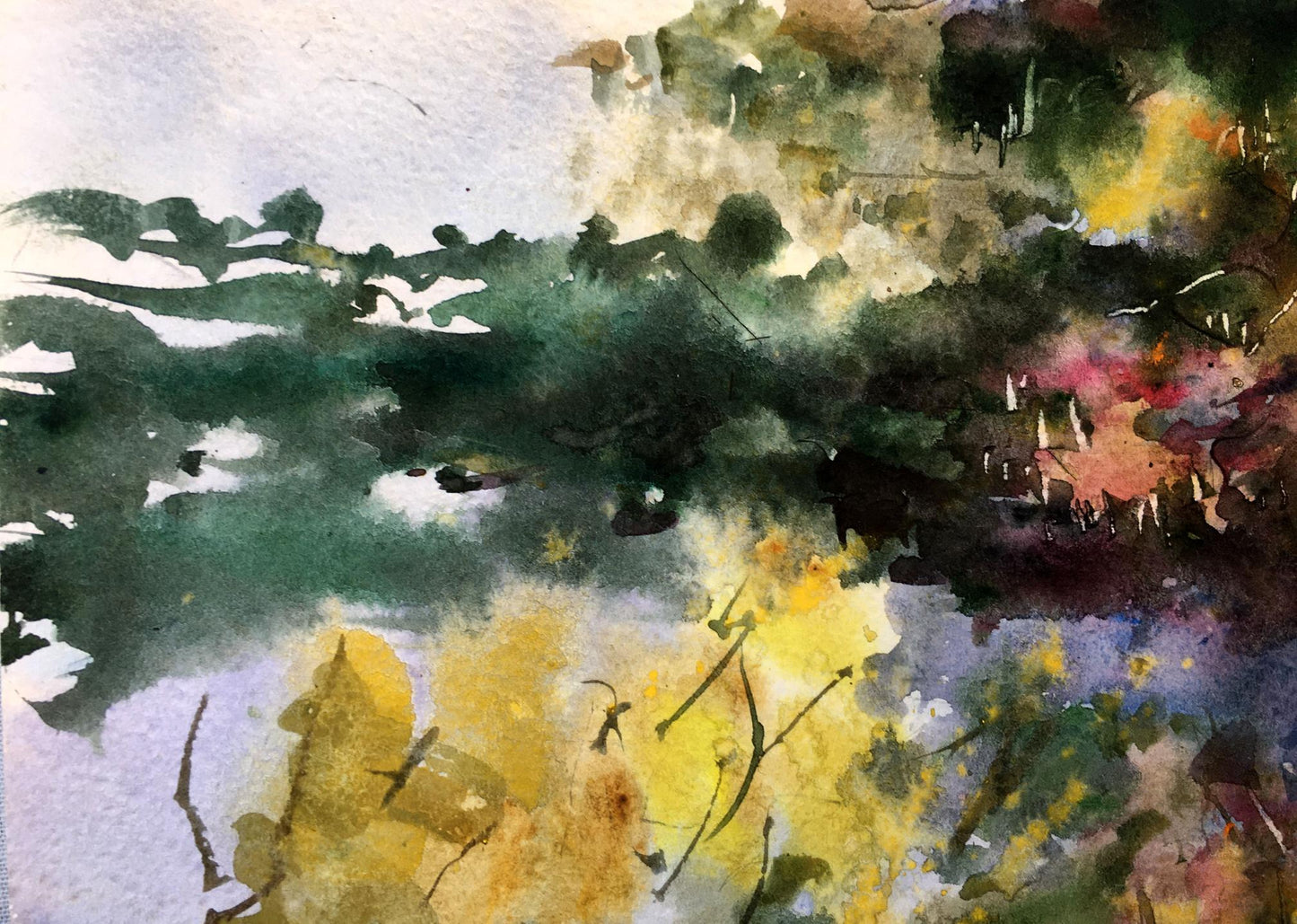 Watercolor painting "With First Snow" by Mikhailichenko, portraying the magic of the season's.