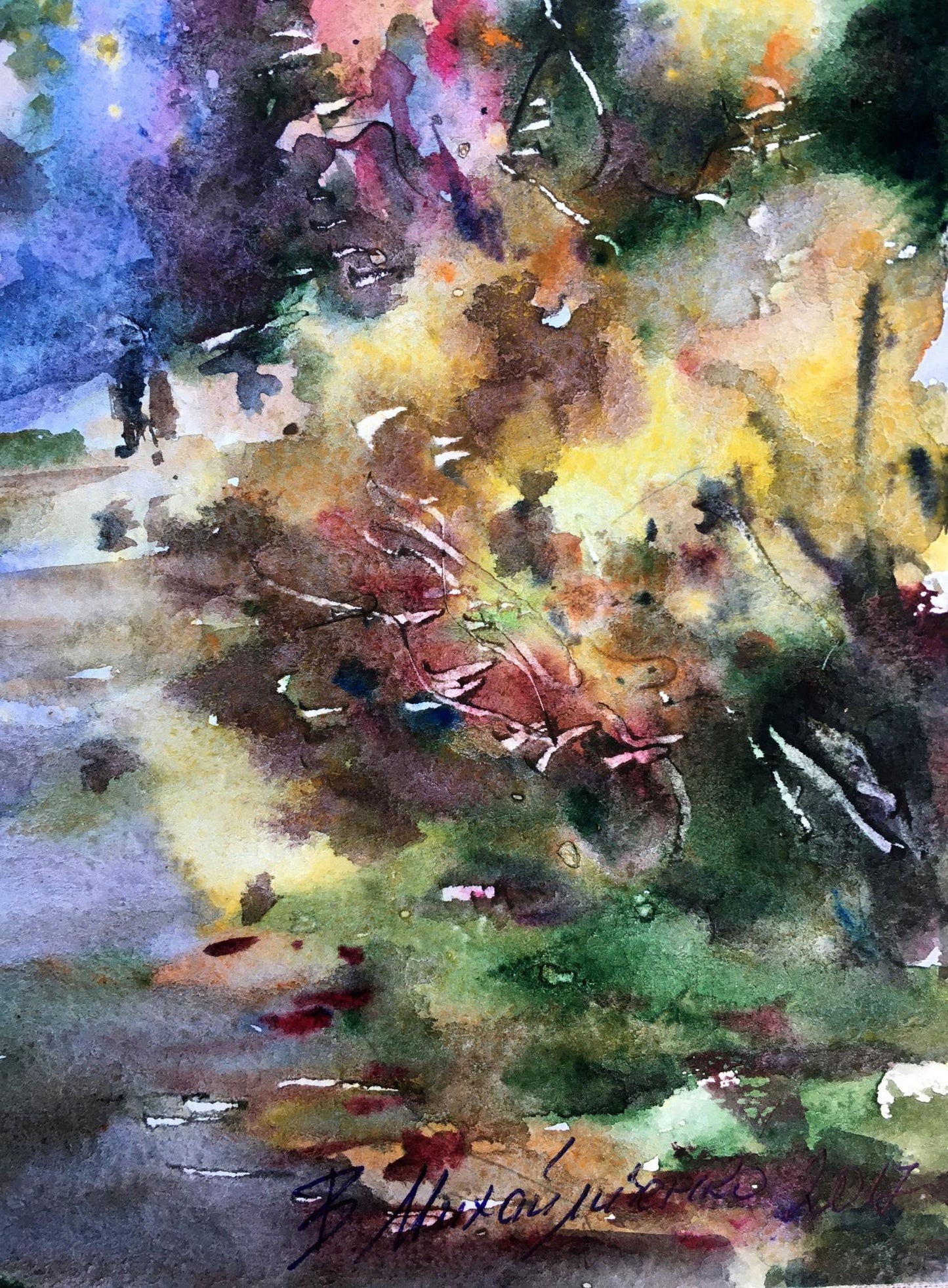 Mikhailichenko's watercolor artwork, "With First Snow," illustrating the tranquility of a snowy.