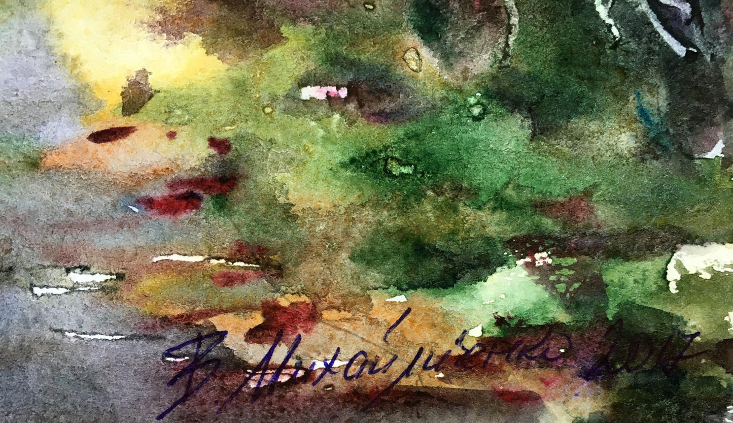 Watercolor painting "With First Snow" by Mikhailichenko, capturing the beauty.