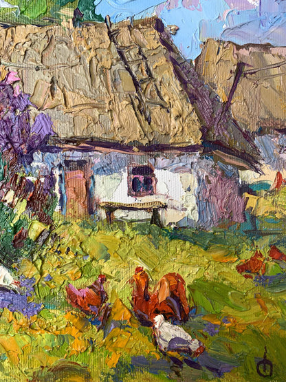 4 Oil painting Chickens grazing in the yard Oksana Ivanyuk