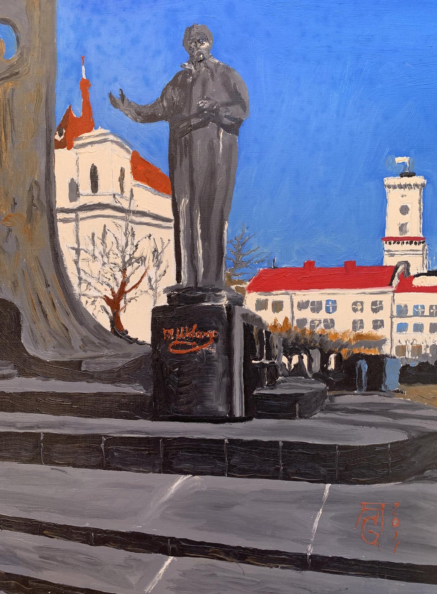Oil painting City monument in the park Oleksandr Gukalov
