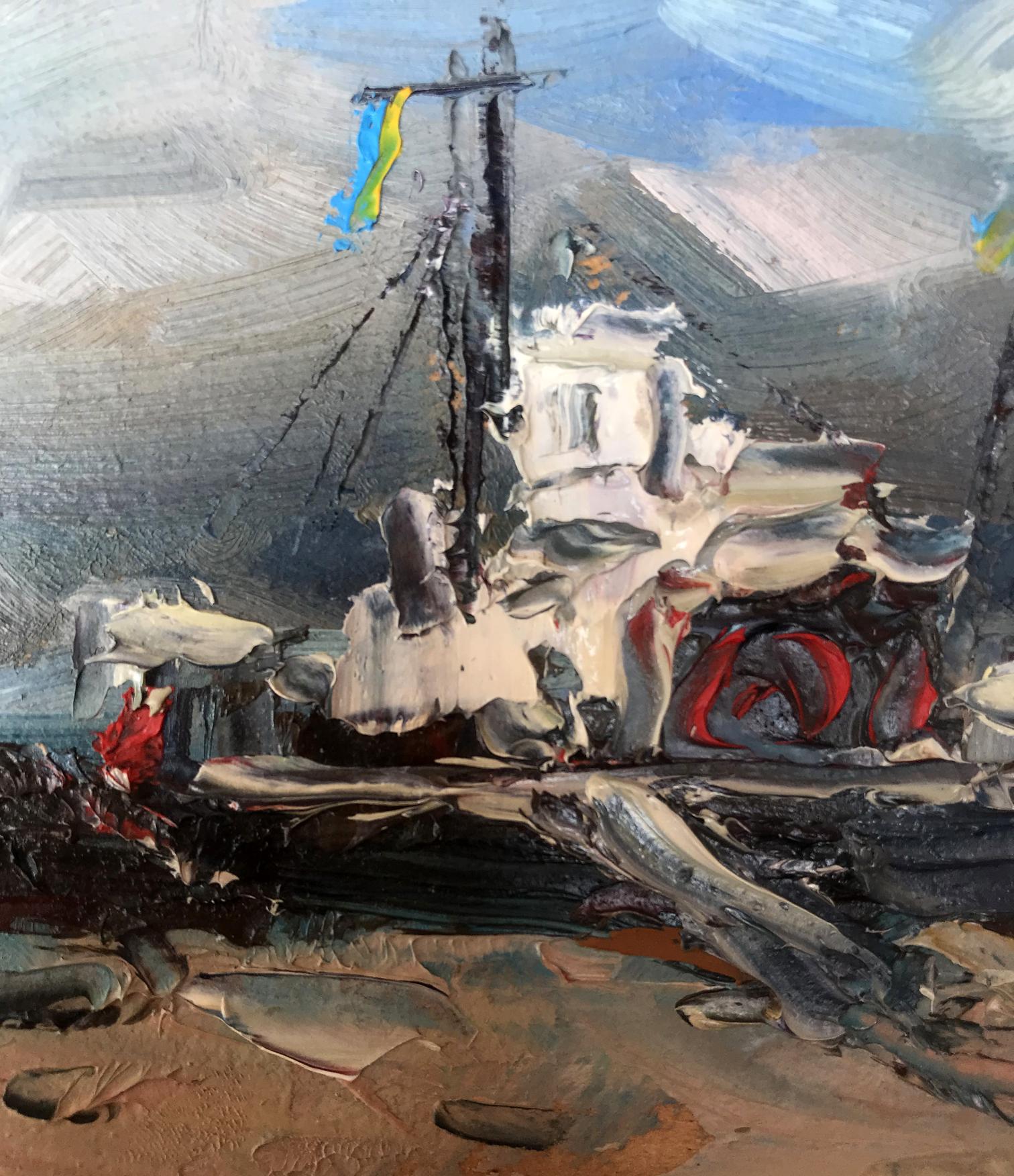 Alexander Nikolaevich Cherednichenko depicted a ship on the coast in oil