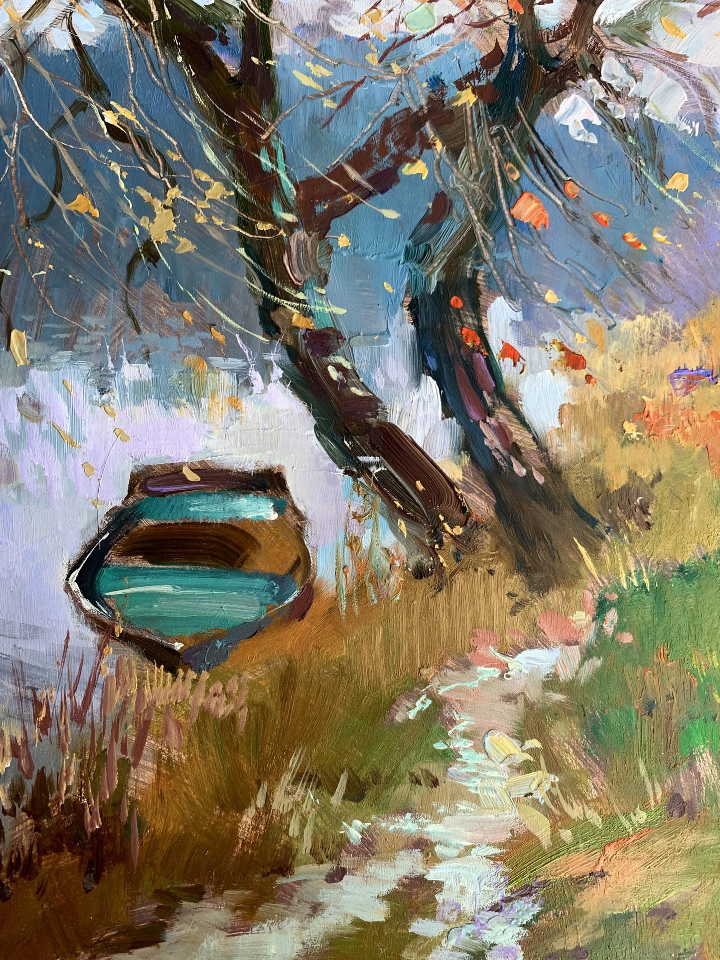 OIl painting A boat near two bare trees Yuriy Suprunchuk