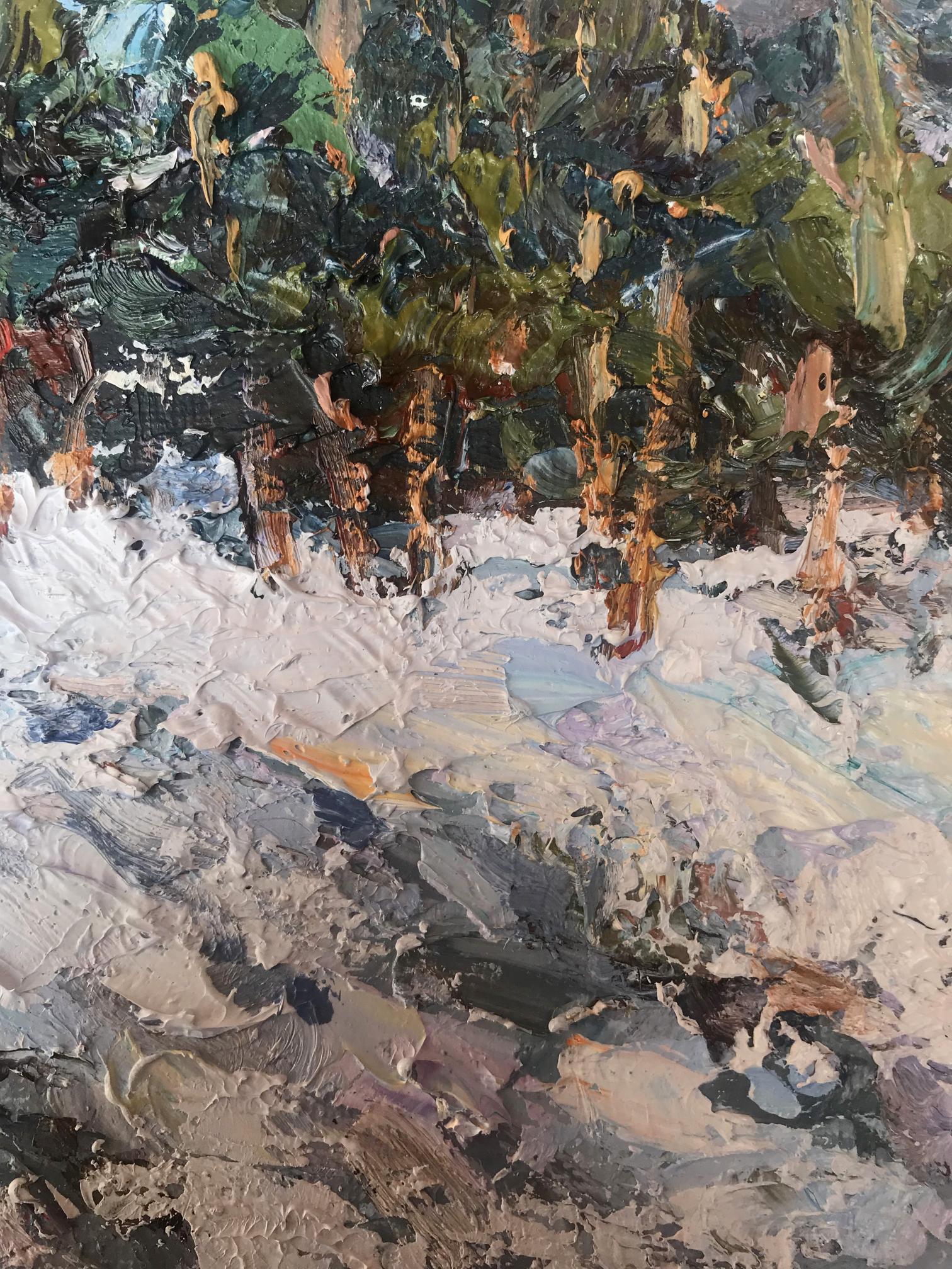 Oil painting "Winter Sun" by Cherednichenko, portraying the soft glow of sunlight on a winter day.