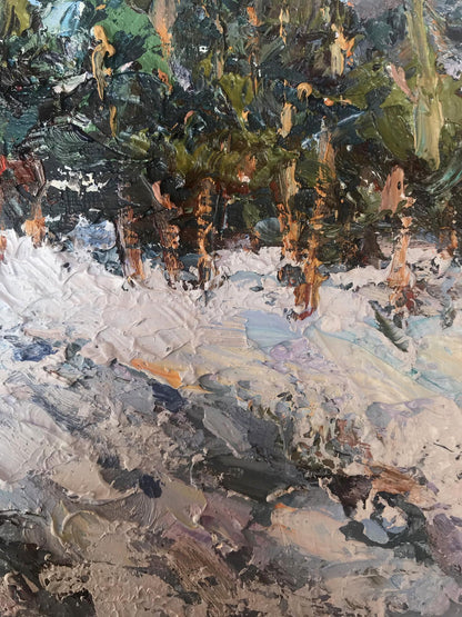 Oil painting "Winter Sun" by Cherednichenko, portraying the soft glow of sunlight on a winter day.