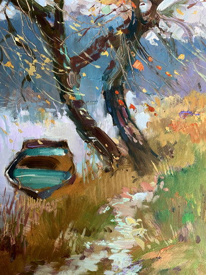 OIl painting A boat near two bare trees Yuriy Suprunchuk