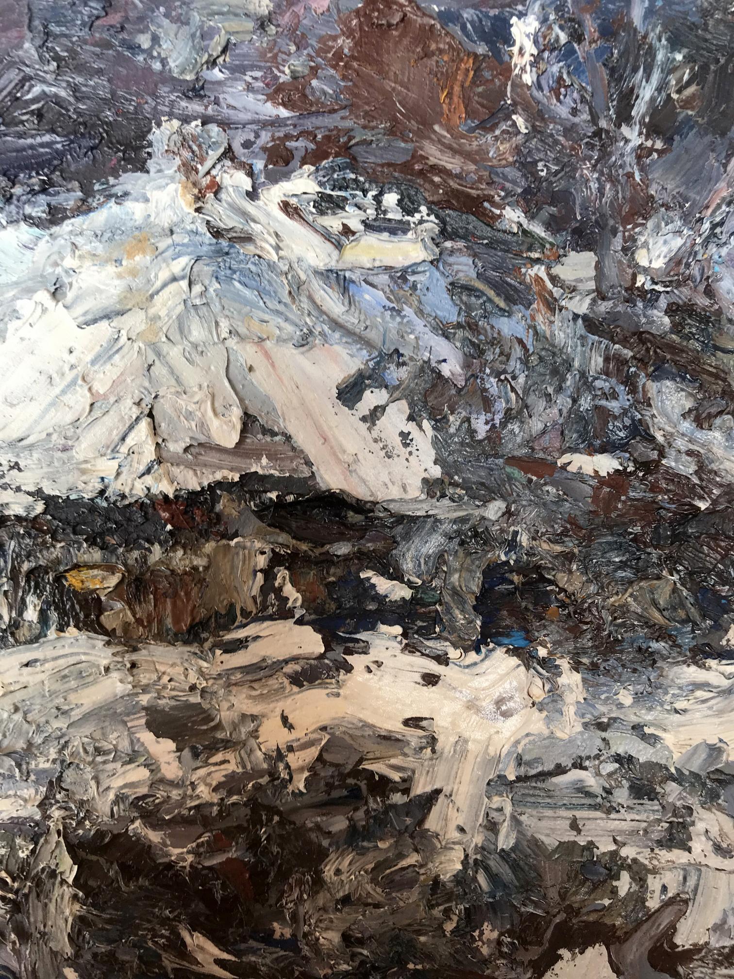 In Alexander Cherednichenko's oil painting, a winter night unfolds in the village