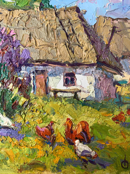 4 Oil painting Chickens grazing in the yard Oksana Ivanyuk