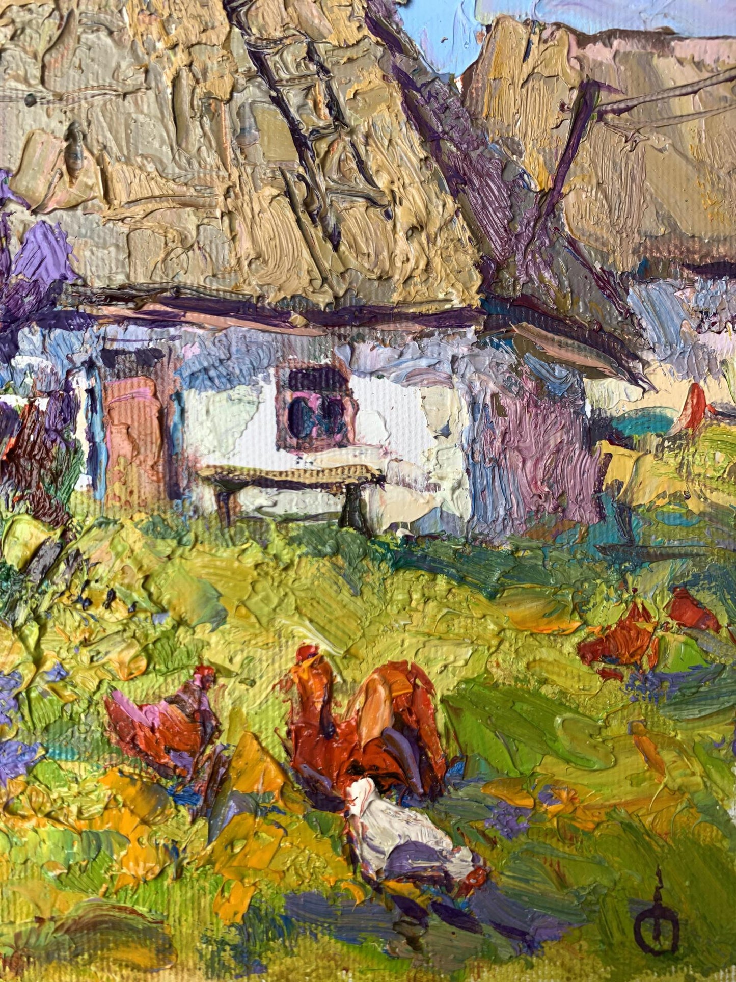 4 Oil painting Chickens grazing in the yard Oksana Ivanyuk