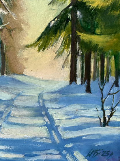 Oil painting Snowy road in the forest Mykhailo Burdylo