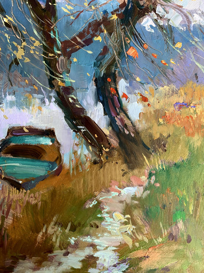 OIl painting A boat near two bare trees Yuriy Suprunchuk