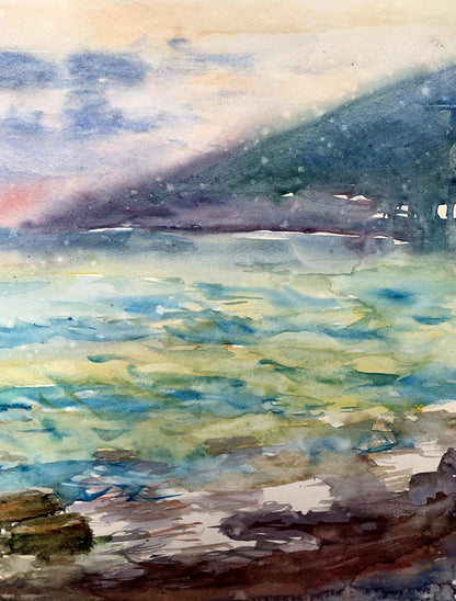 Watercolor painting Orange Sunset Unknown artist