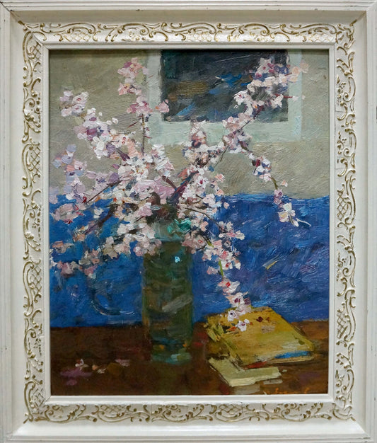 Oil painting Still life with book and flower Fedor Zakharov