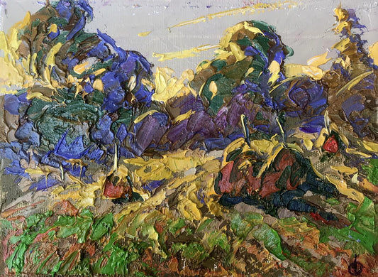 Oil painting Sun rays behind autumn trees Alex Ivanyuk