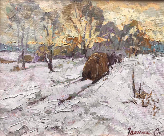 Oil painting In winter they bring hay home Alex Ivanyuk