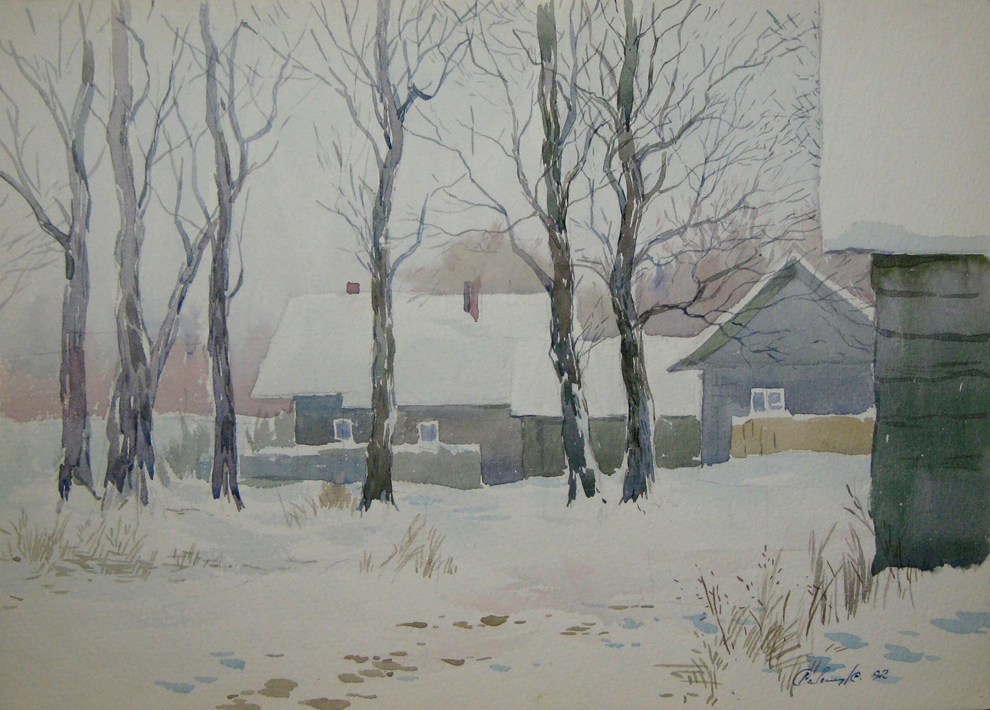 Watercolor painting The first snow fell Savenets Valery