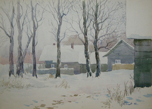 Watercolor painting The first snow fell Savenets Valery