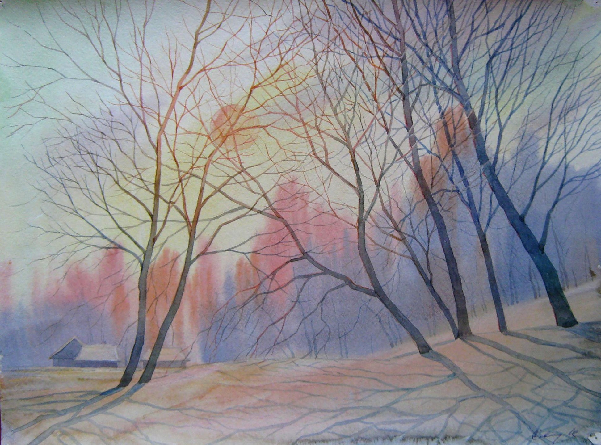 Watercolor painting Nature Landscape winter morning Savenets Valery