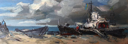 Oil painting Ship on the coast Alexander Nikolaevich Cherednichenko