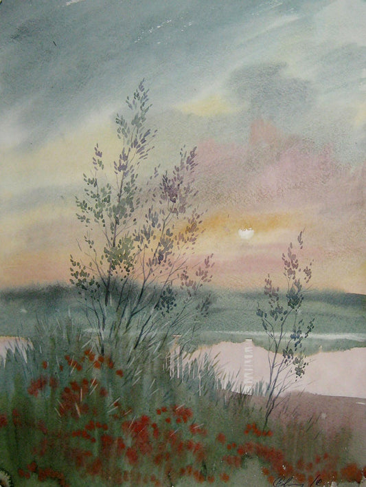 Watercolor painting Sunset over the river Savenets Valery