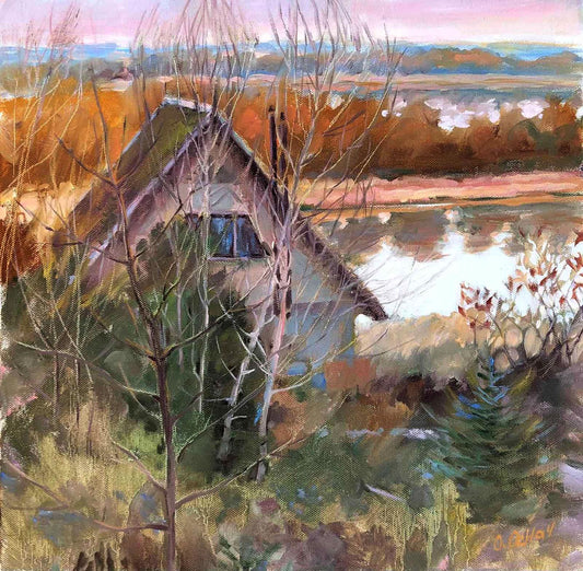 Oil painting Prick the sky with the needles of an autumn tree Osnach Olesia