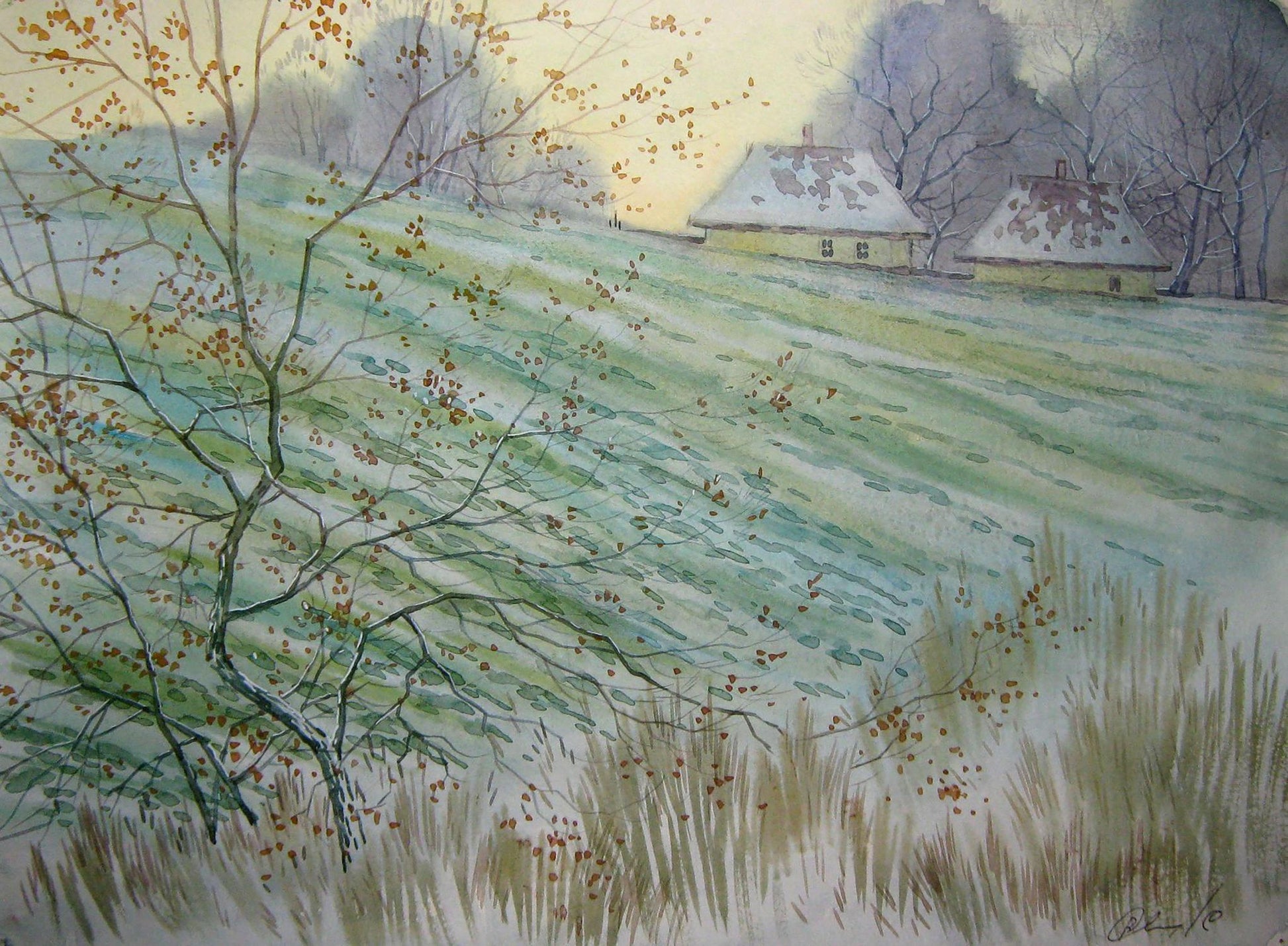 Watercolor painting The first snow Savenets Valery