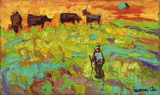 Oil painting The sun has set in the field Alex Ivanyuk