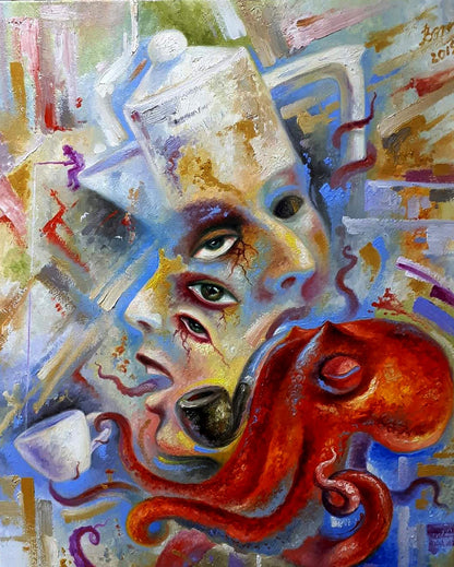Oil painting Morning coffee with octopus Sergey Voichenko