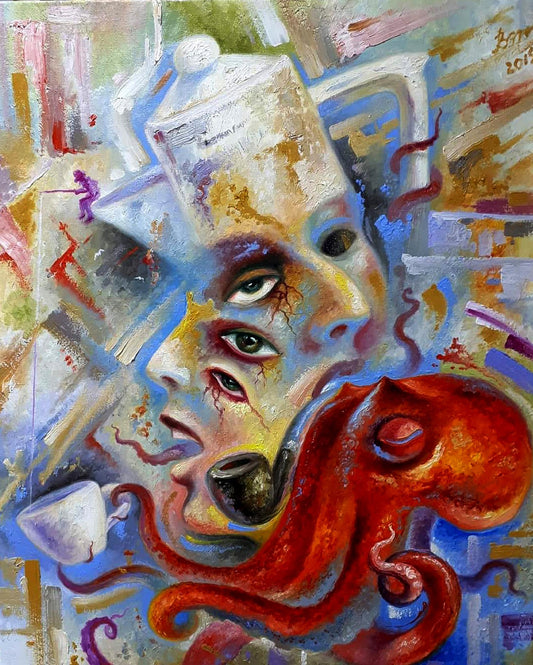 Oil painting Morning coffee with octopus Sergey Voichenko