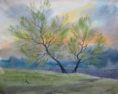 Watercolor painting Magpie near a tree Valery Savenets