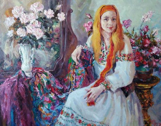 Oil painting Girl near flowers Alexander Nikolaevich Cherednichenko