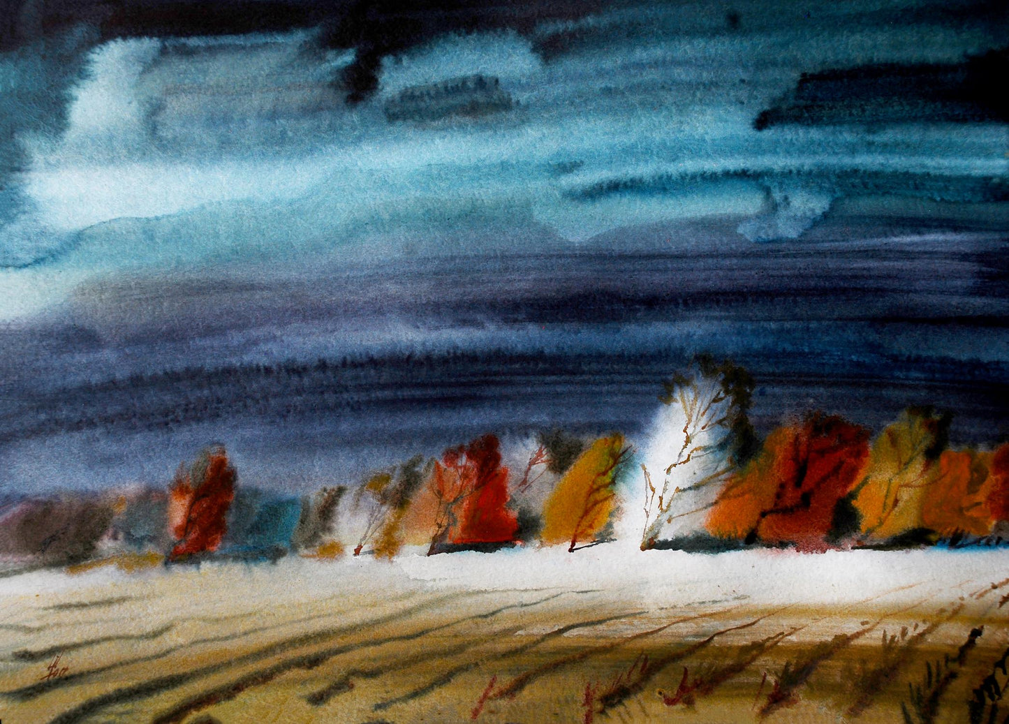 Watercolor painting Cold fall Egor Shvachunov