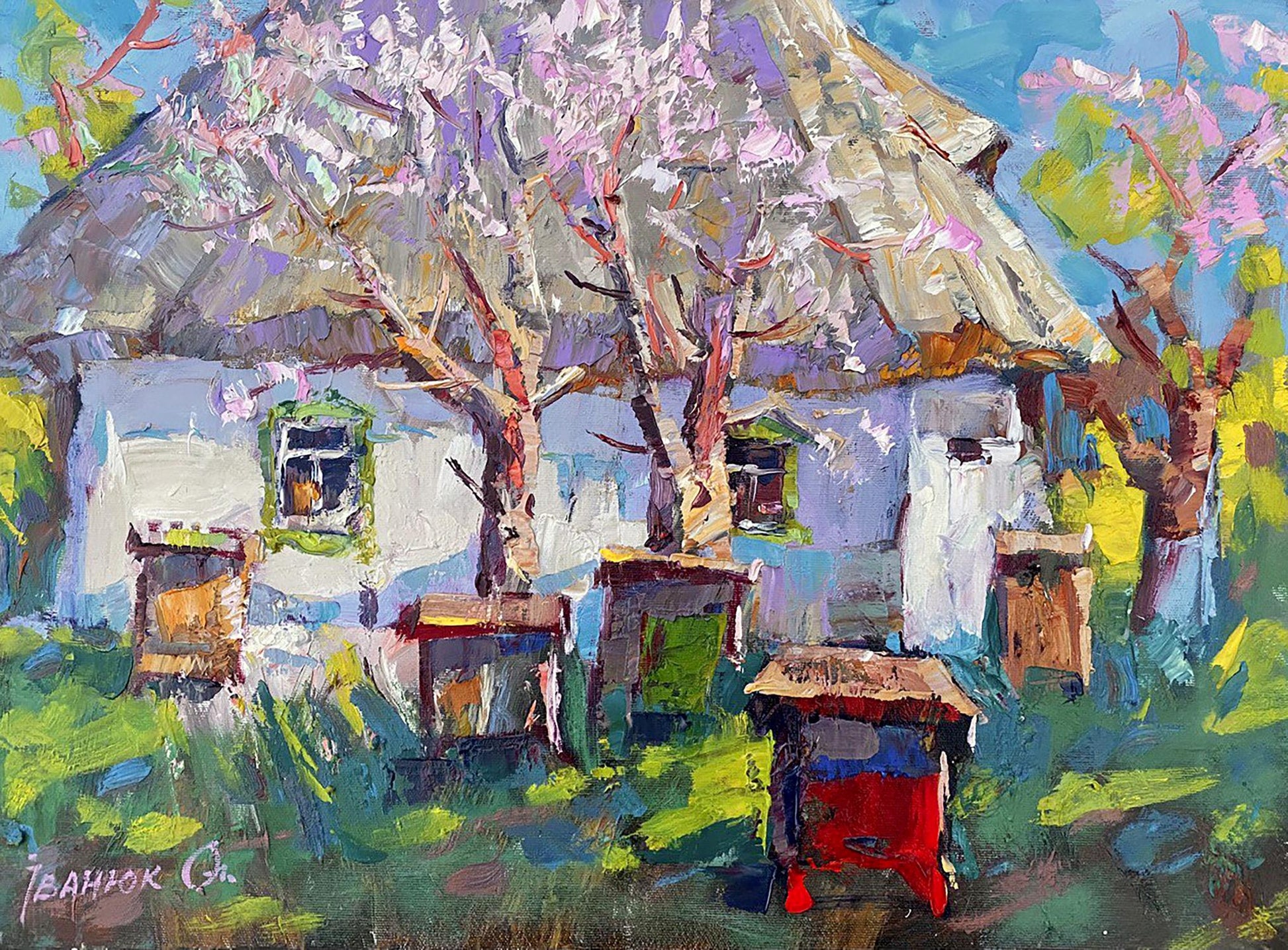 Oil painting Spring Village landscape 