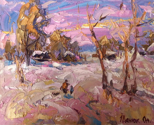 Oil painting Pink evening in winter Alex Ivanyuk