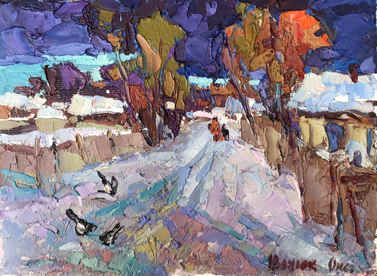 Oil painting By evening the street was covered snow Oksana Ivanyuk