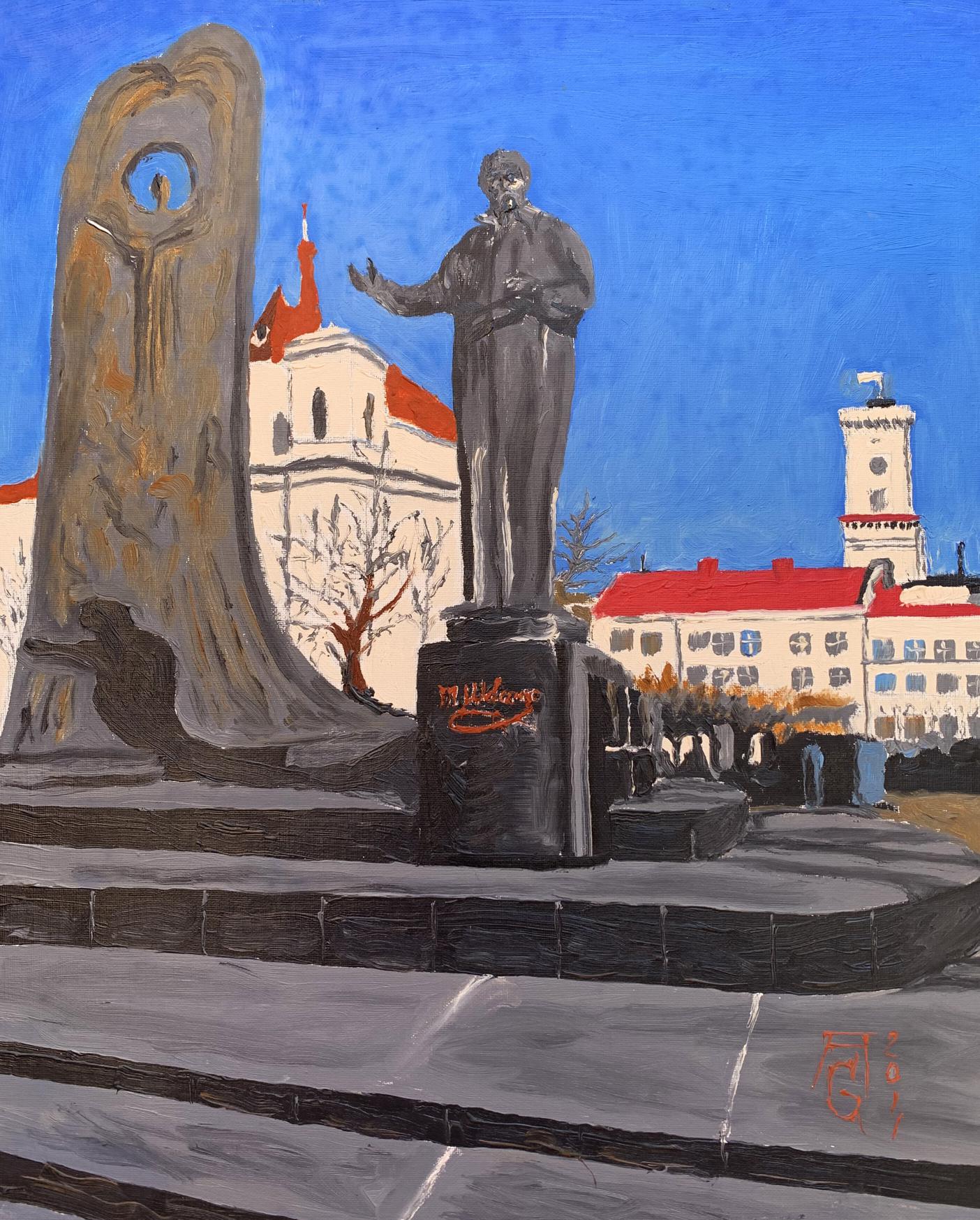 Oil painting City monument in the park Oleksandr Gukalov