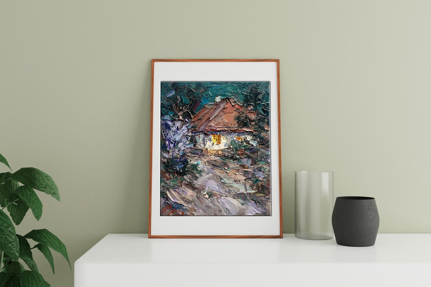 Oil painting Night landscape with the moon 