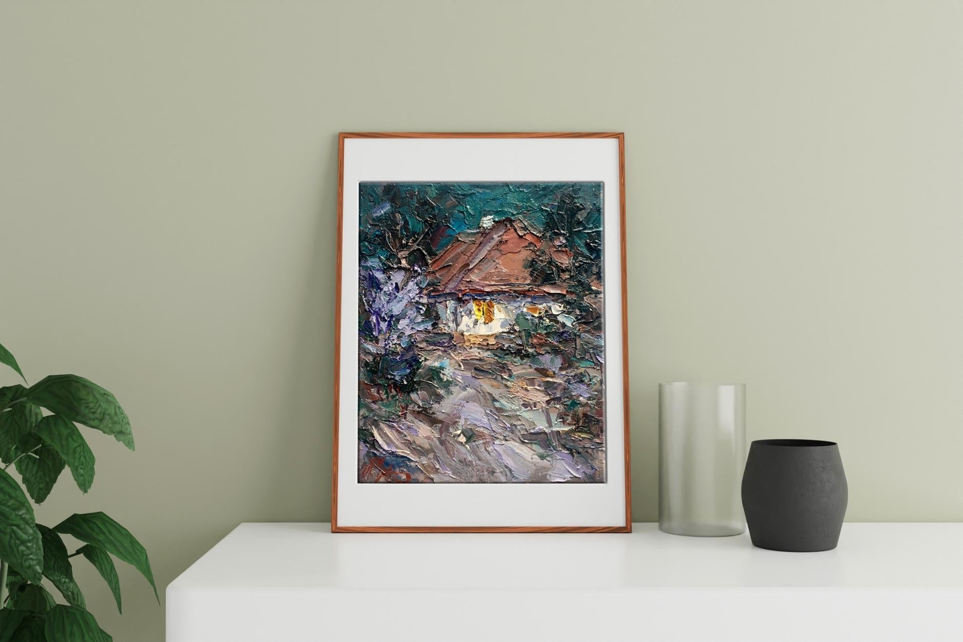 Oil painting Night landscape with the moon 